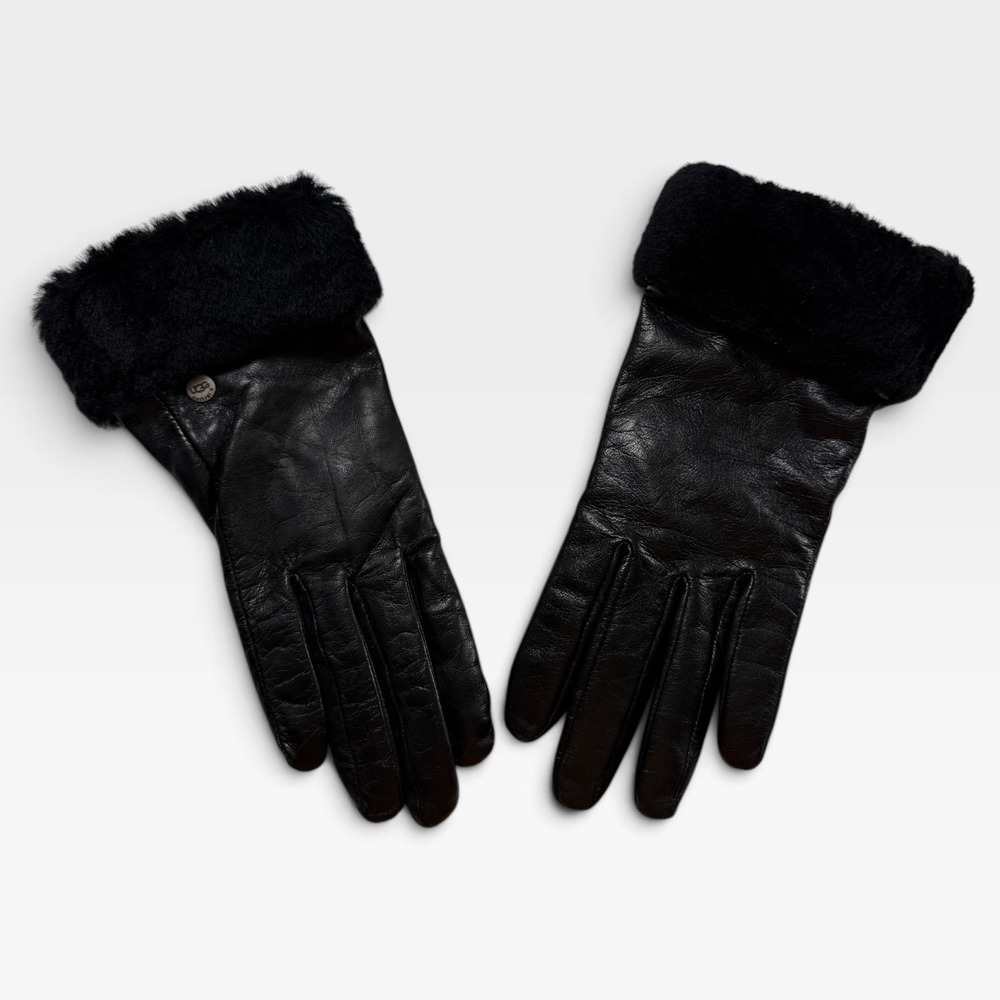 UGG Australia Black Leather Shearling Trim Tech Gloves Womens Medium